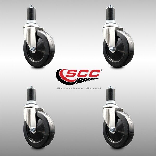 5 Inch 316SS Soft Rubber Wheel Swivel 1-5/8 Inch Expanding Stem Caster Set SCC